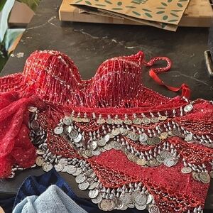 Red Beaded Belly Dance Top And Bottom